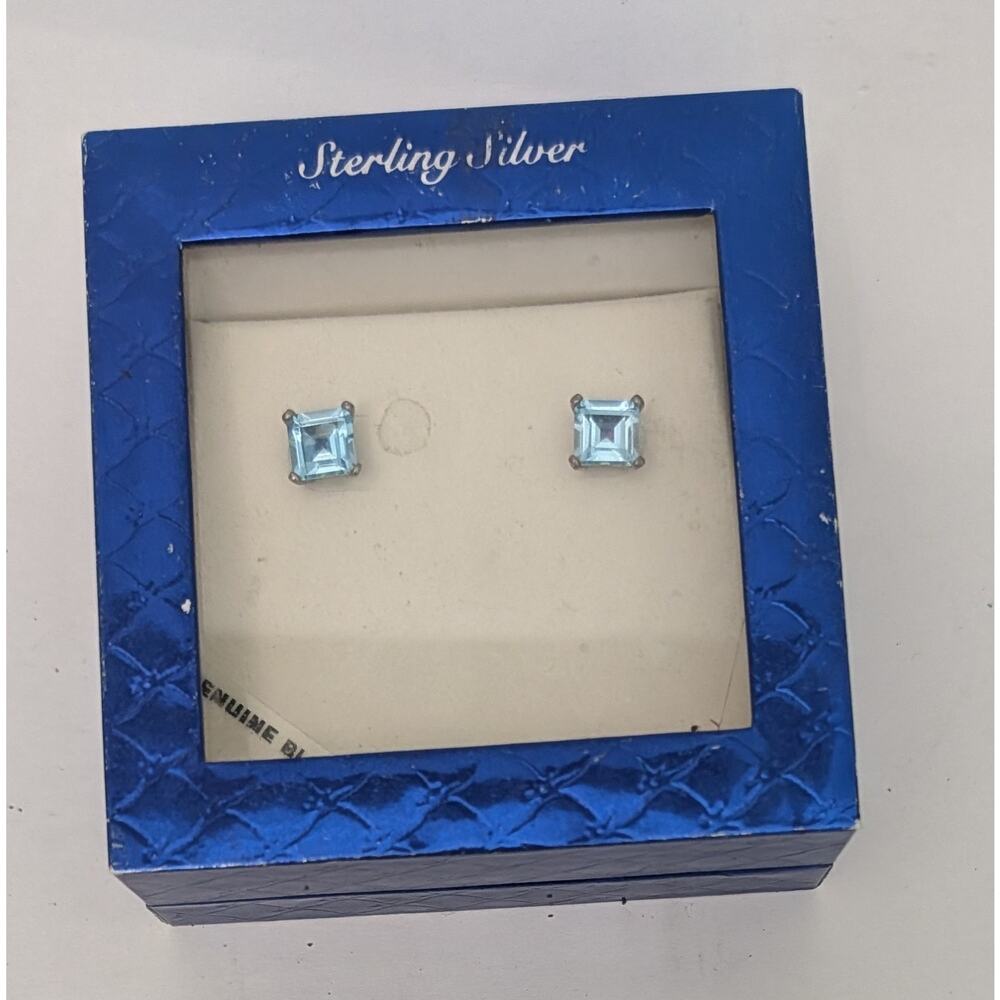 925 Sterling Silver Sky Blue Topaz Stud Earrings Oval Faceted Vintage Princess